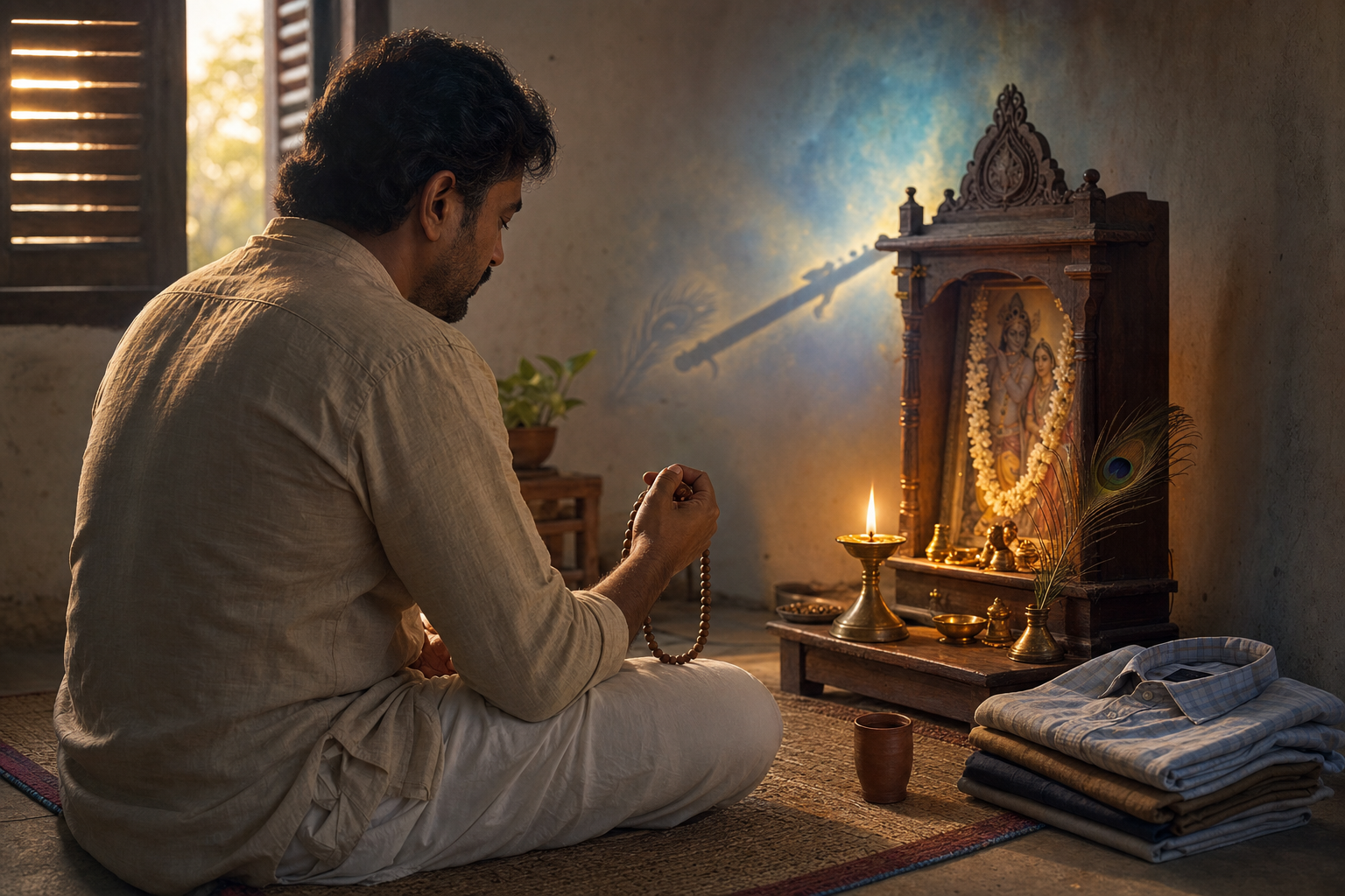 A householder uses prayer beads beside a small oil lamp, with a peacock feather and flute-shaped shadow near the home shrine.