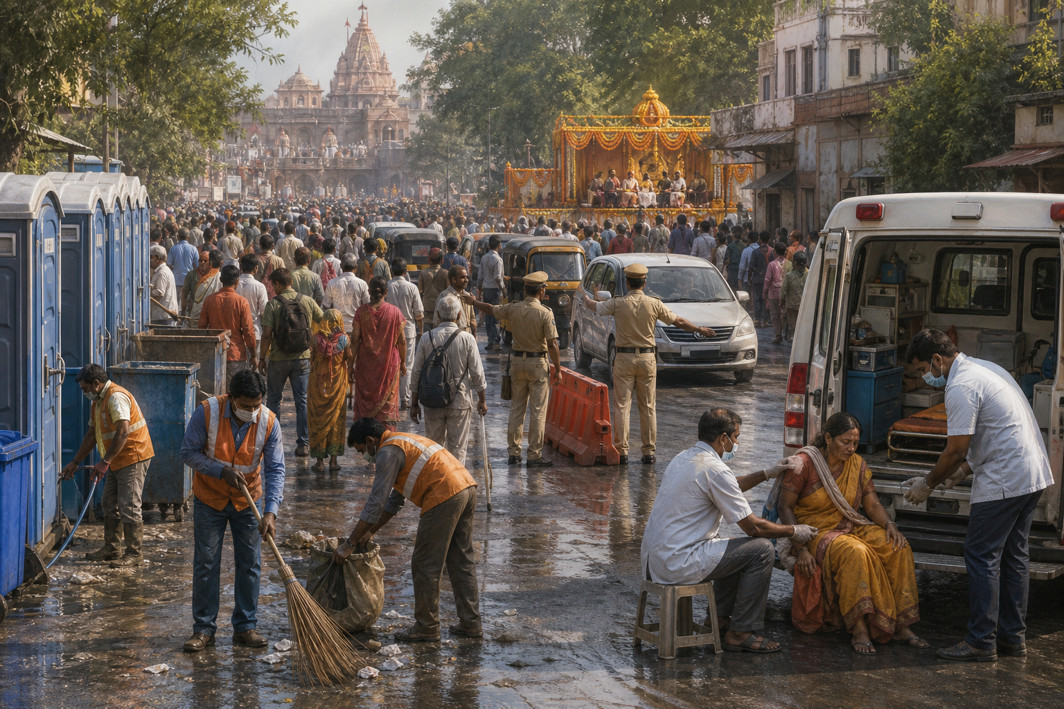Municipal workers, medics and police provide practical services on a pilgrimage route while a flower-decorated ceremonial platform stands farther along the road.