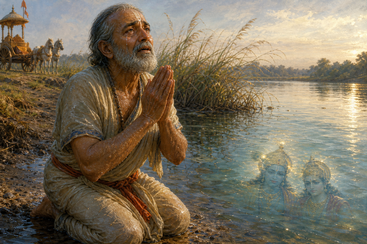 Akrura kneels tearfully on the Yamuna riverbank with folded hands as a soft sacred radiance appears in the water and his chariot waits behind him.
