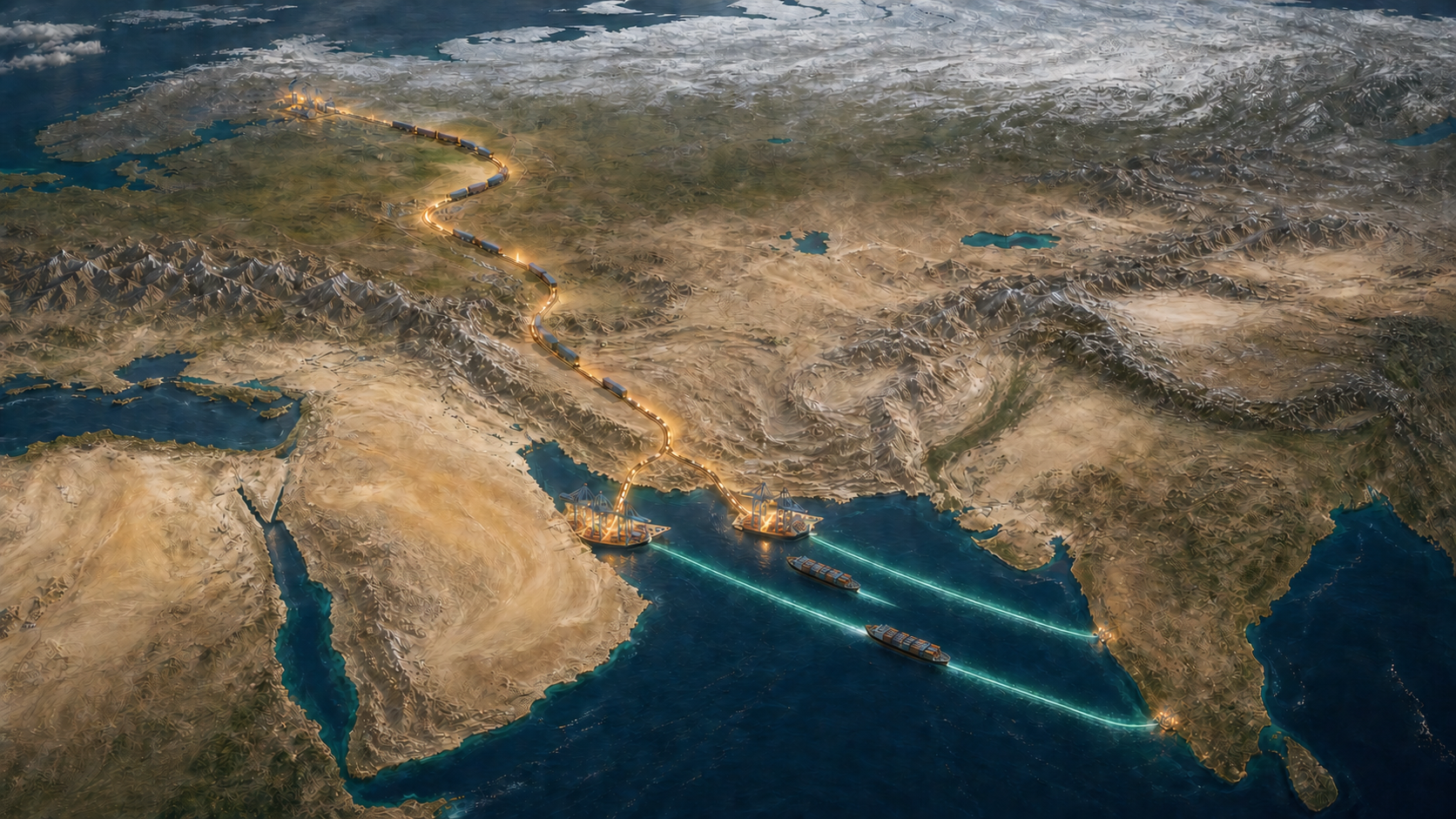 Unlabelled relief map showing a freight route from Russia through Central Asia and Iran, followed by shipping lanes across the Arabian Sea to India.