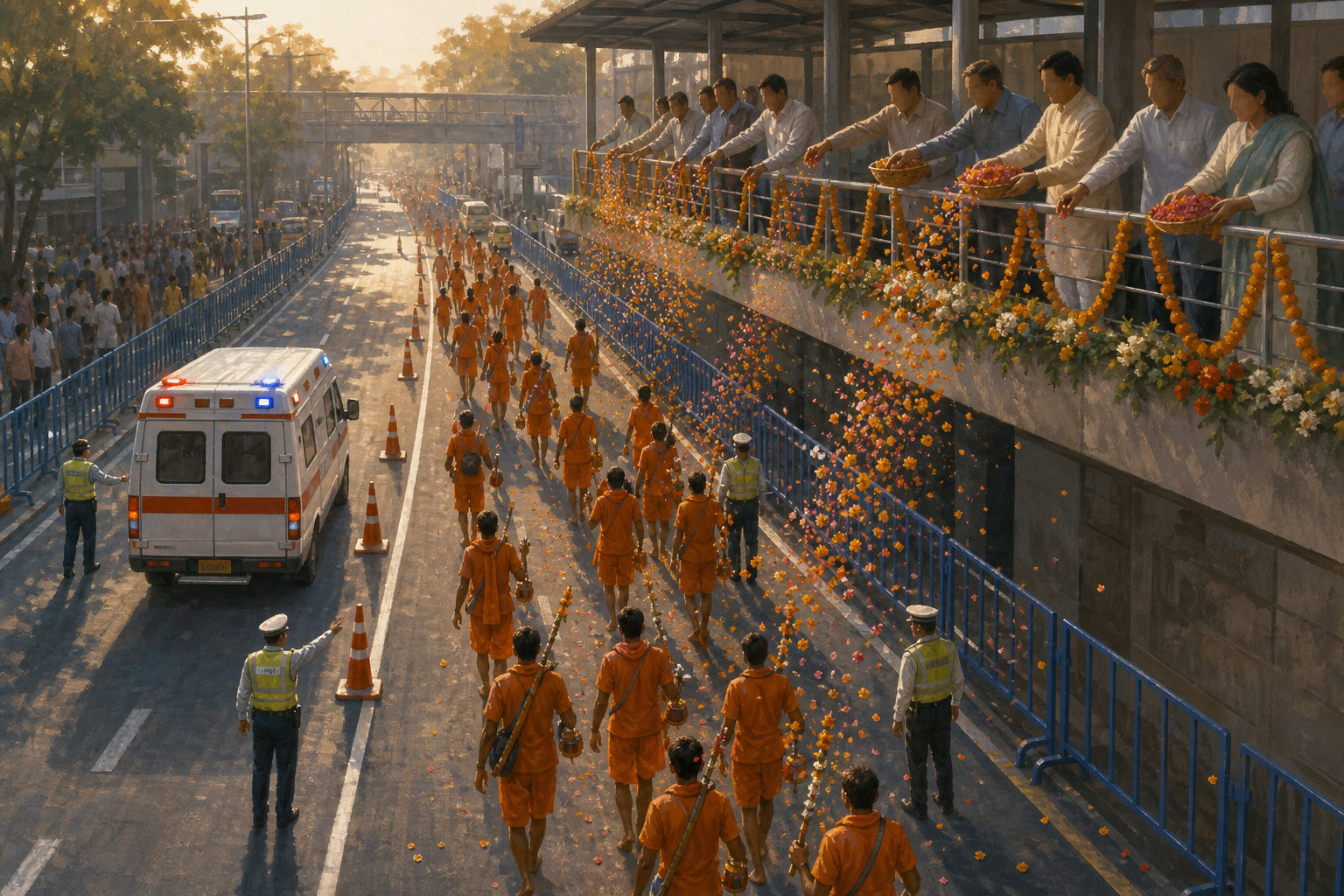 Flower petals fall from an official viewing platform onto Kanwar Yatra pilgrims while medics and traffic officers work beside the procession.