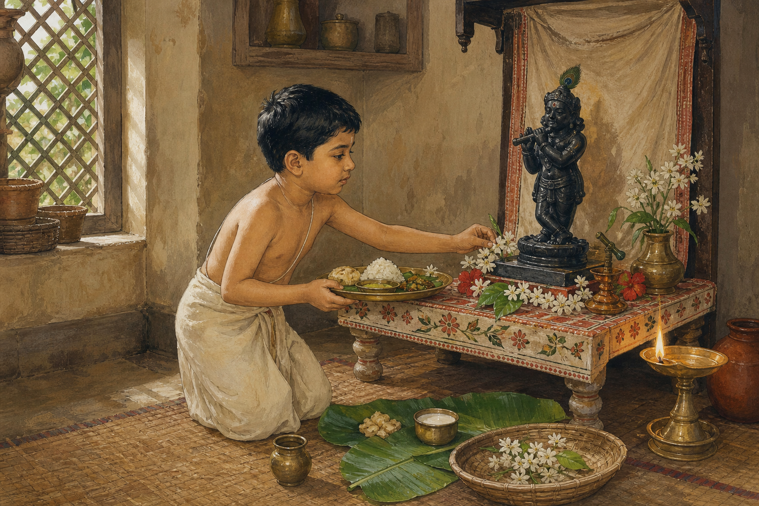 Young Raghunandana offers a plate of food and arranges a flower before a Krishna deity in a simple Bengali household shrine.