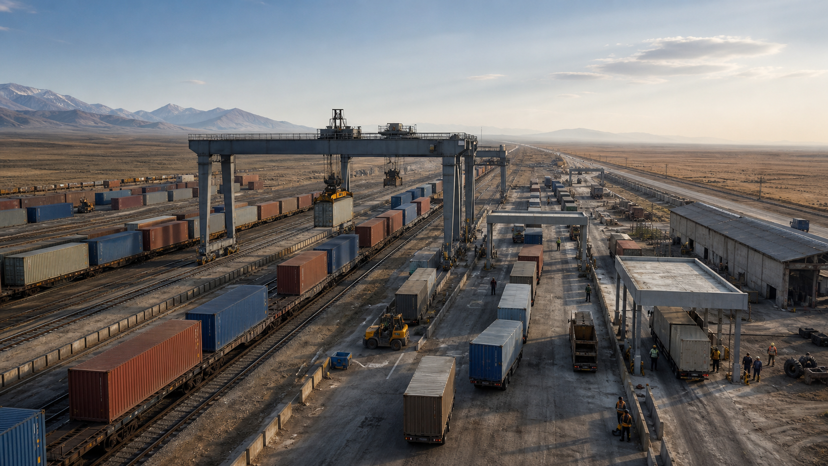 Containers are transferred between freight trains at a large border logistics complex with inspection lanes, warehouses, trucks, and rail infrastructure.
