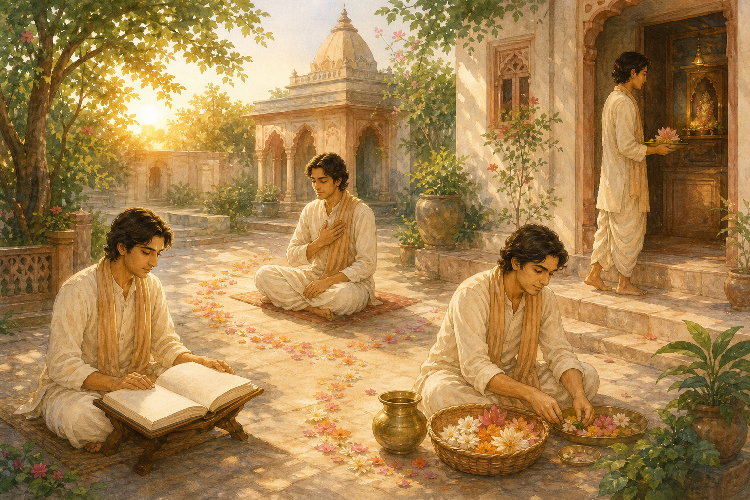 A reader appears in four connected moments: studying a scripture, reflecting with a hand on the heart, arranging offerings, and carrying an offering toward a shrine.