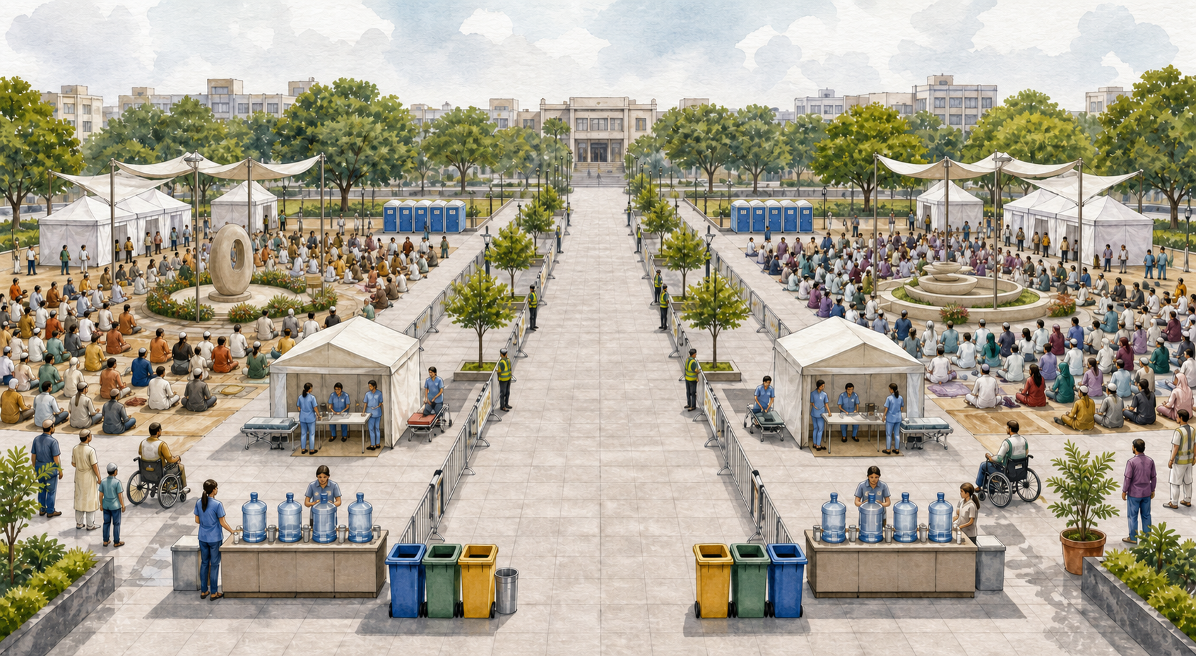 Two different community gatherings in a public square receive matching water, sanitation, medical and traffic-management services on either side of a shared emergency corridor.