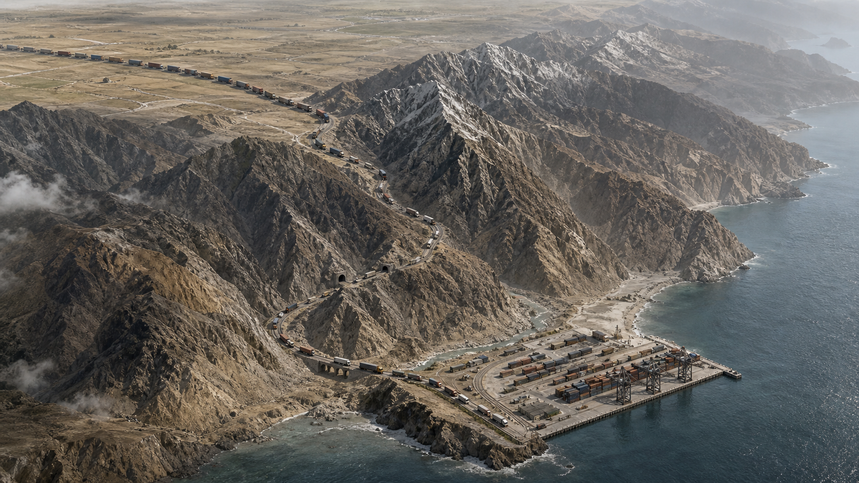 An isometric terrain scene shows a freight corridor crossing rugged mountains into Pakistan and ending at a coastal container terminal.