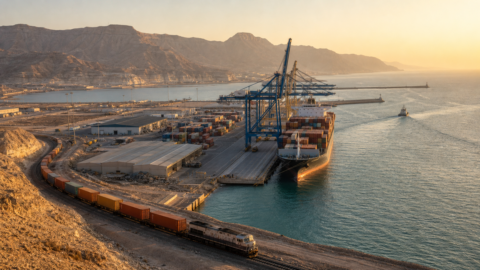 A freight train delivers containers to an Iranian port as cranes serve a cargo ship departing across the Arabian Sea.
