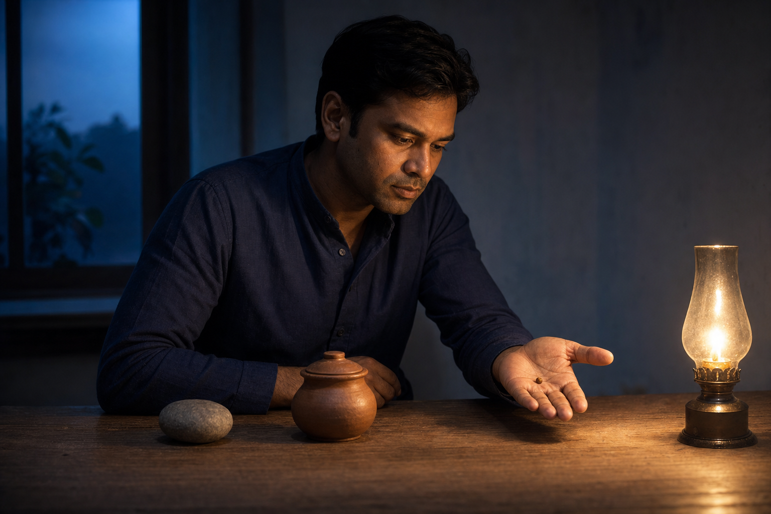 A contemplative person sits at a desk before dawn, examining a stone, a clay vessel, and a seed by the steady light of an oil lamp.