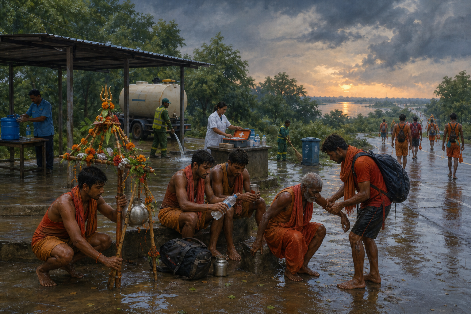 Kanwar pilgrims rest, share water and steady a decorated kanwar while municipal, medical and sanitation workers maintain a roadside service area behind them.