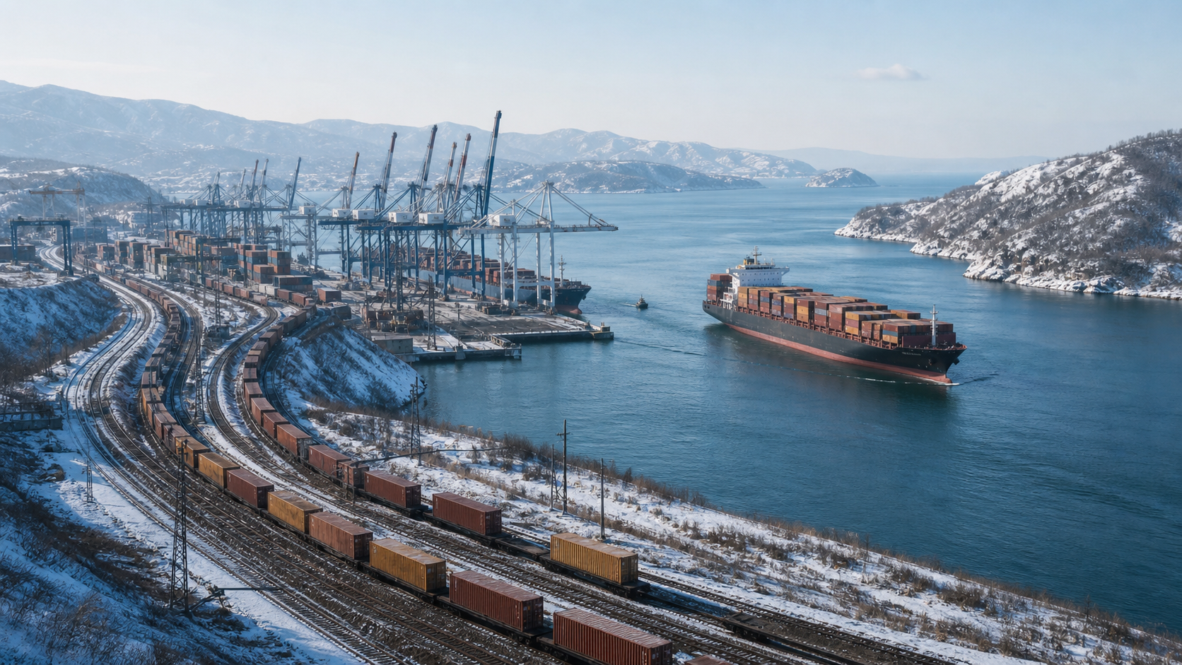 Container trains converge on Vladivostok's port while a loaded cargo vessel leaves the harbor for the Pacific.