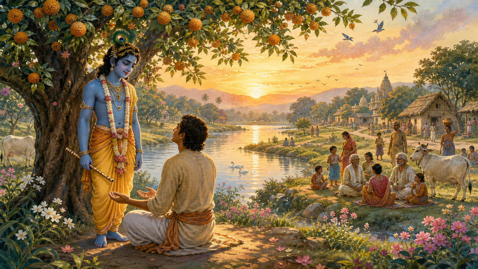 A devotee with open palms sits beside a river at dawn while Krishna stands beneath a flowering tree and golden light spreads toward a distant village, people, animals, and birds.