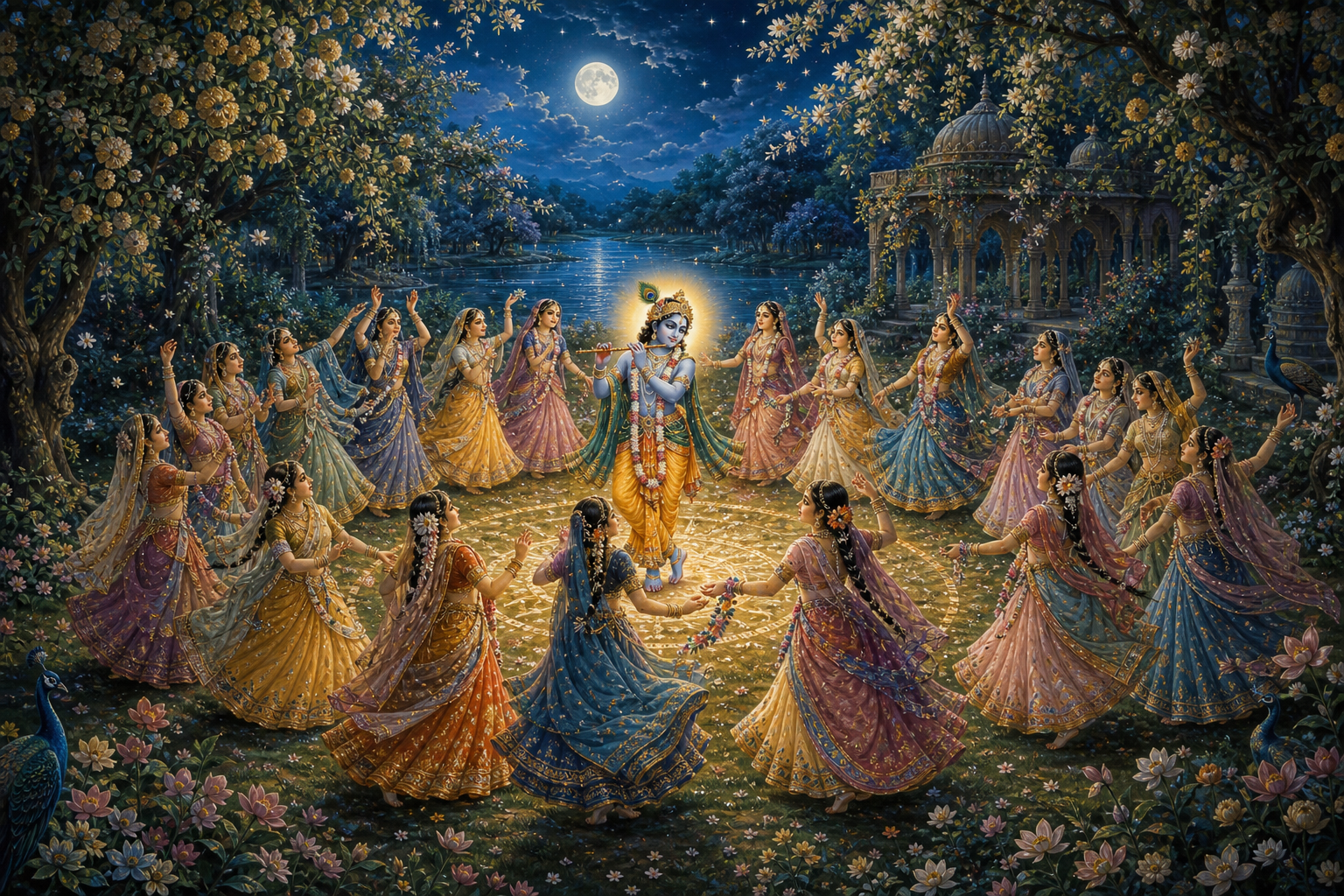 Krishna plays the flute at the center of a circular dance with the gopis in a moonlit Vrindavan forest beside the Yamuna.
