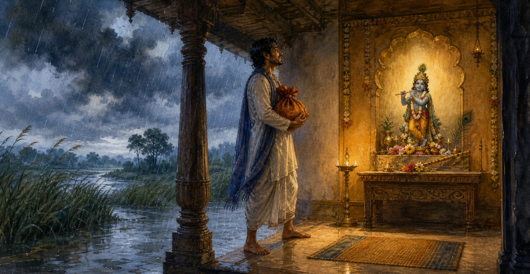 A rain-soaked devotee sets down a bundle beneath a temple veranda while an oil lamp glows beside a small Krishna shrine inside.