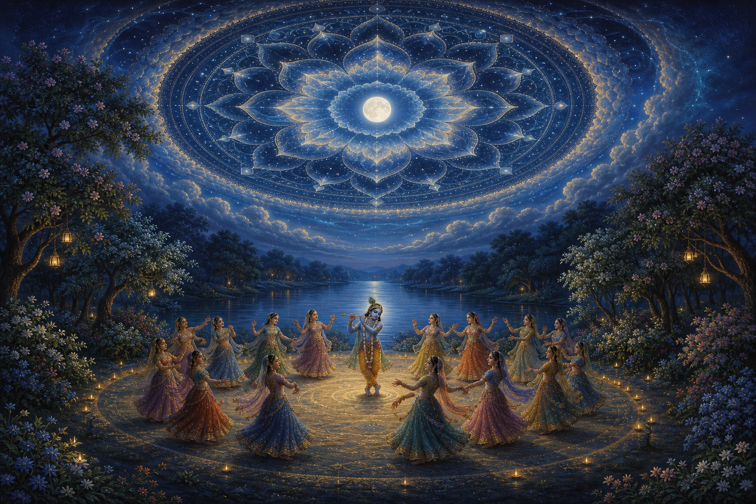 Krishna and the gopis form a moonlit dance circle beneath a sky whose stars create a large lotus-like pattern.