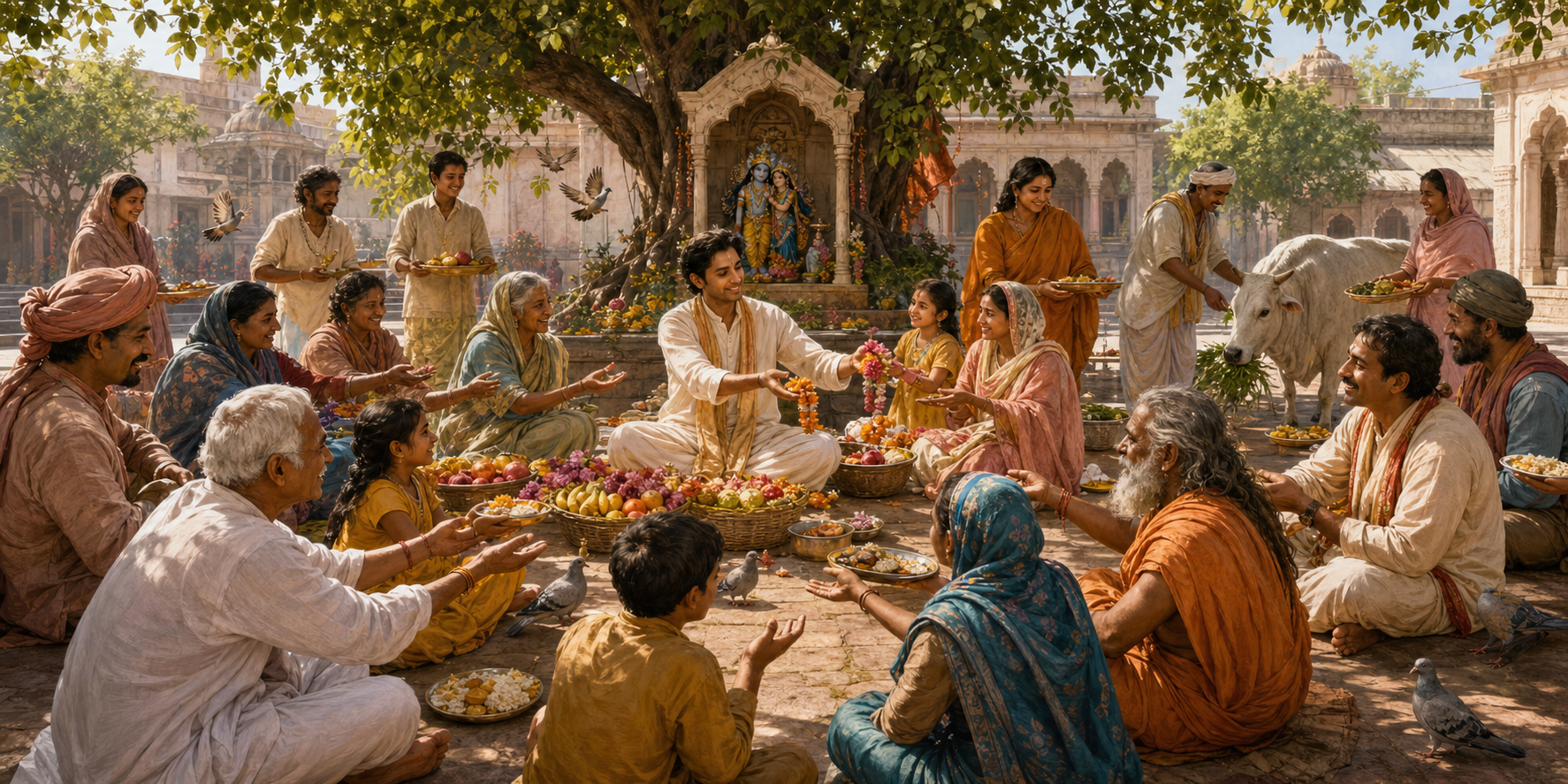 People of different ages share garlands, fruit, and food in a sunlit temple courtyard while a cow and birds are fed nearby.