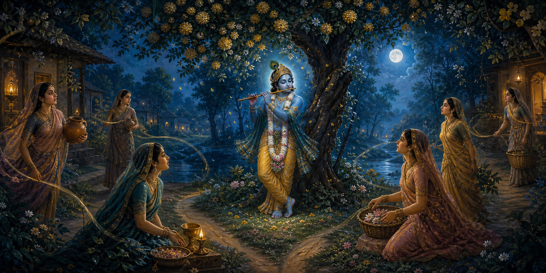 Gopis pause in their household activities and turn toward Krishna as he plays the flute beneath a flowering tree at night.