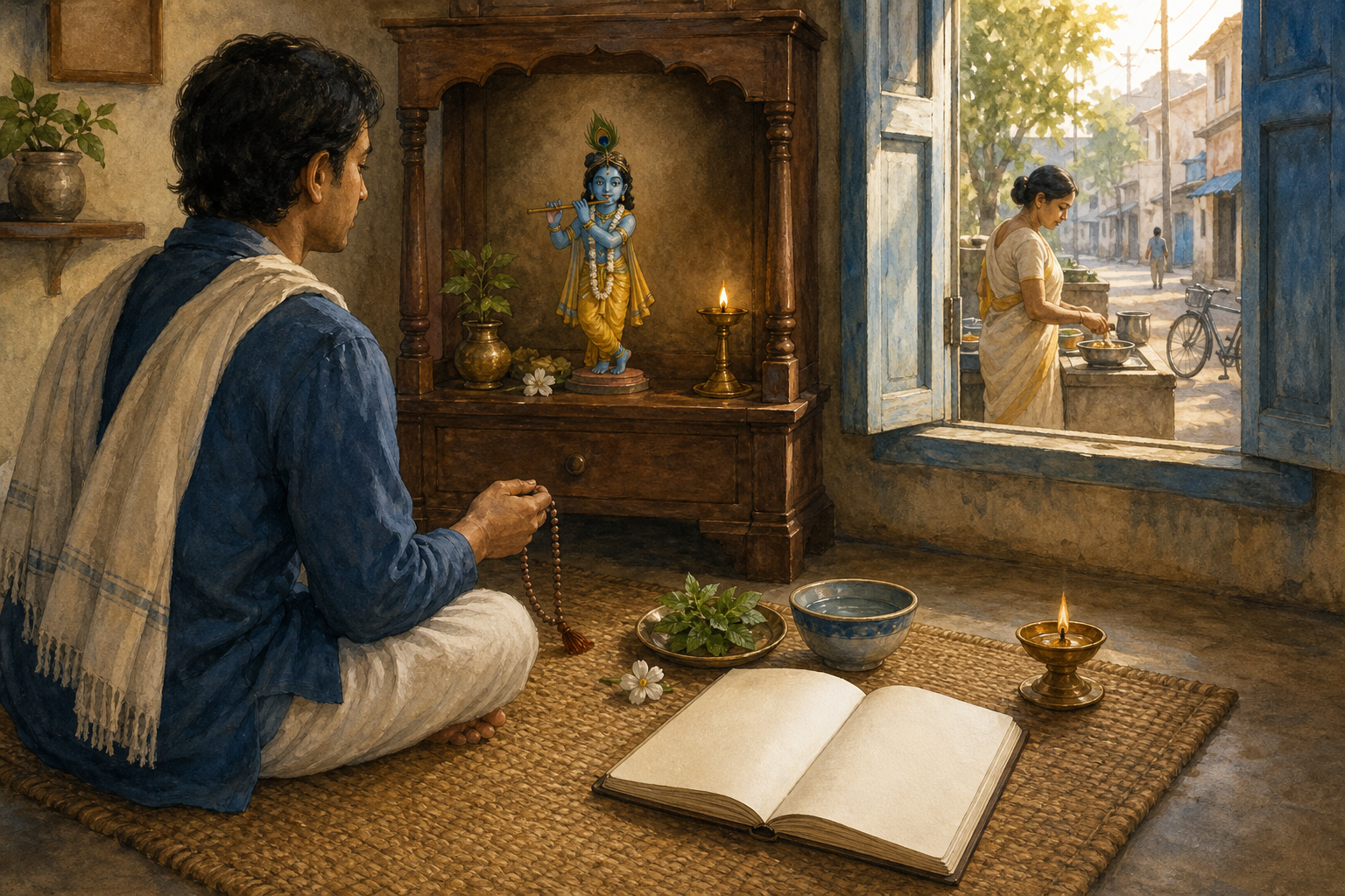 A devotee holds prayer beads before a small Krishna altar at dawn, with a lamp, water bowl, tulasi leaves, flower, and blank notebook nearby.