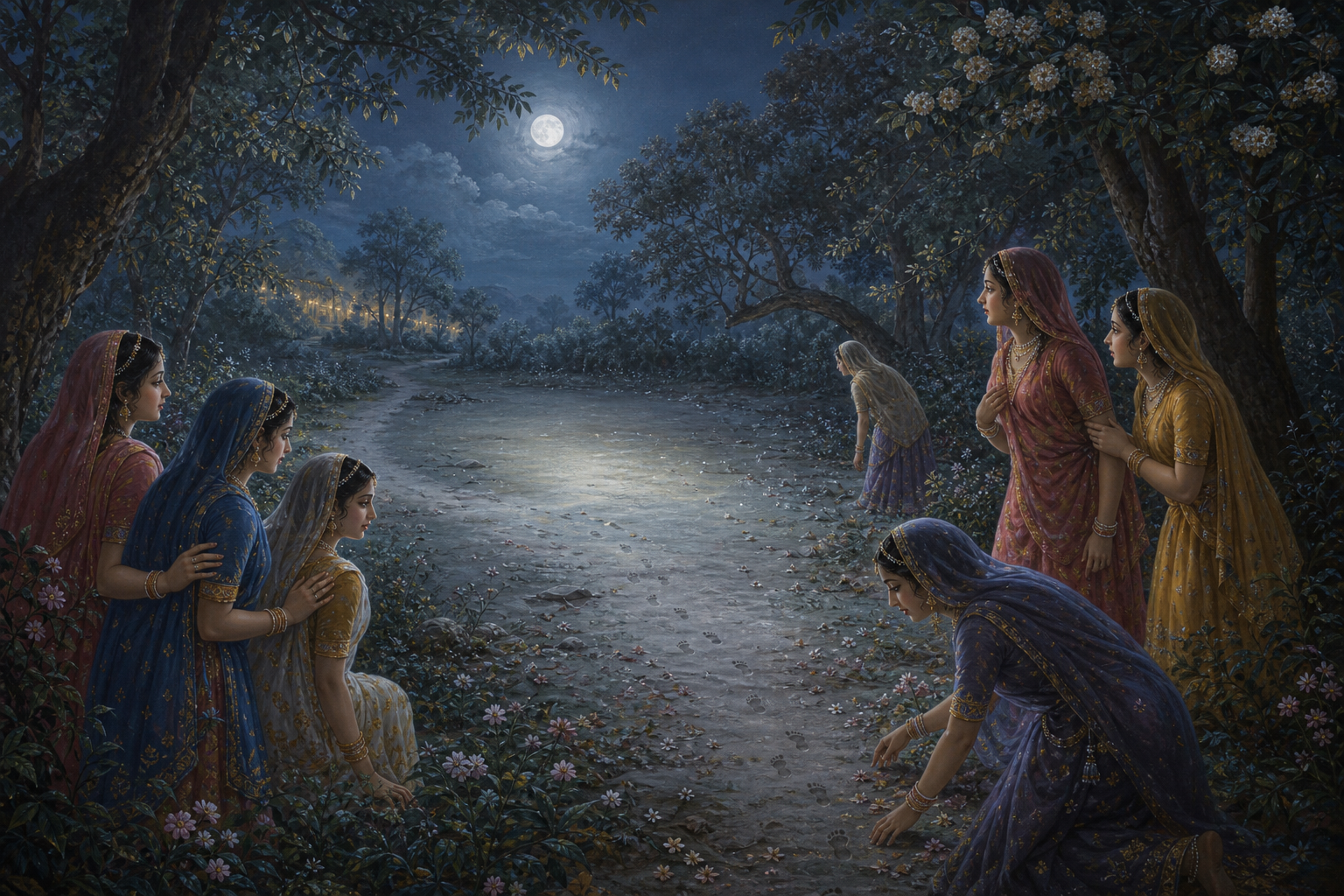 The gopis search a moonlit forest path and gather beside an empty clearing after Krishna has disappeared.