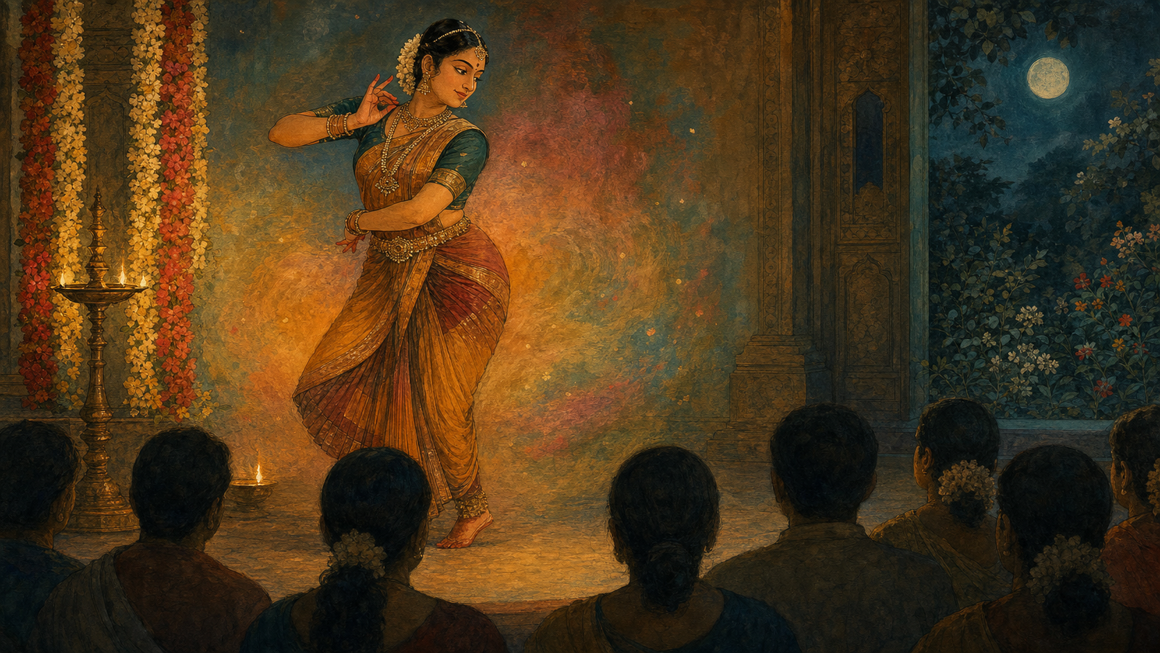 A classical Indian dancer performs a restrained gesture of affection before seated spectators on a lamp-lit stage with a garland and garden foliage.