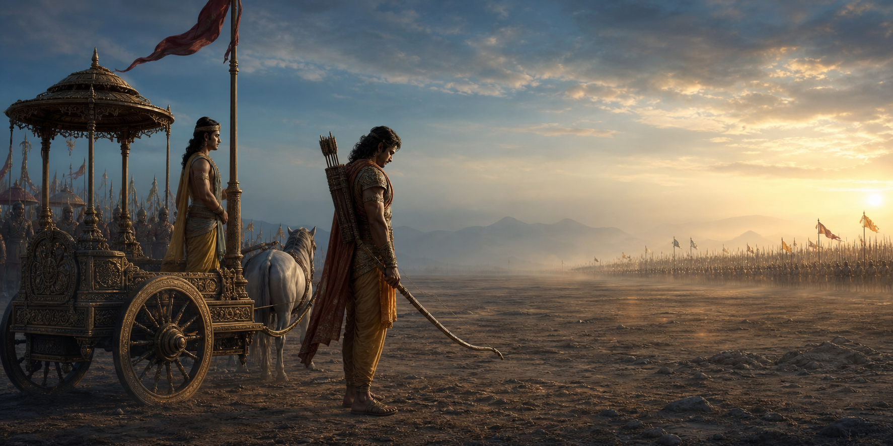 An ancient Indian warrior pauses beside a chariot at dawn, facing distant armies while onlookers remain behind him.