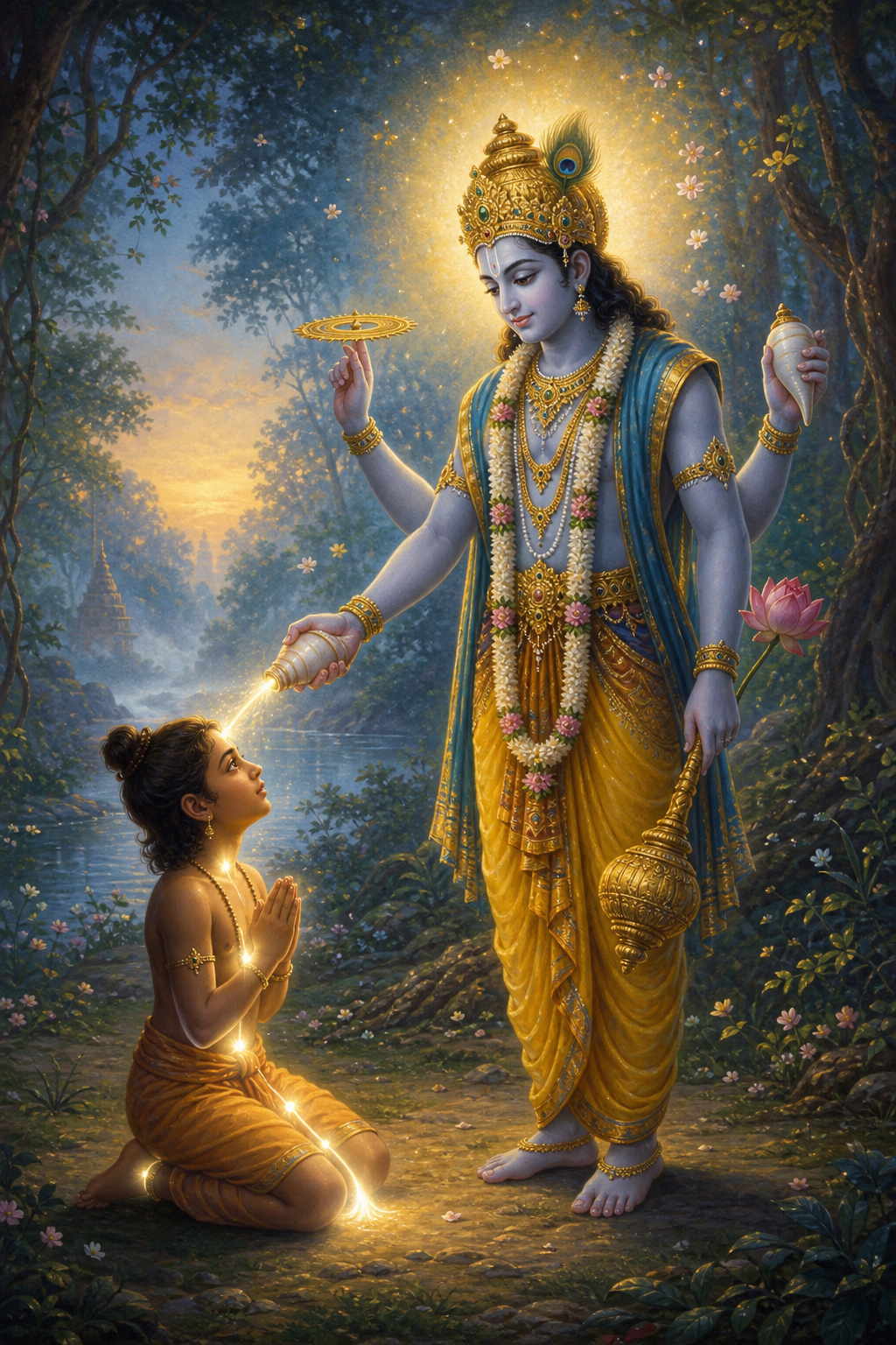 Young Dhruva kneels with folded hands before four-armed Vishnu as light from the divine conch illuminates his throat, senses, limbs, and chest in a forest clearing.
