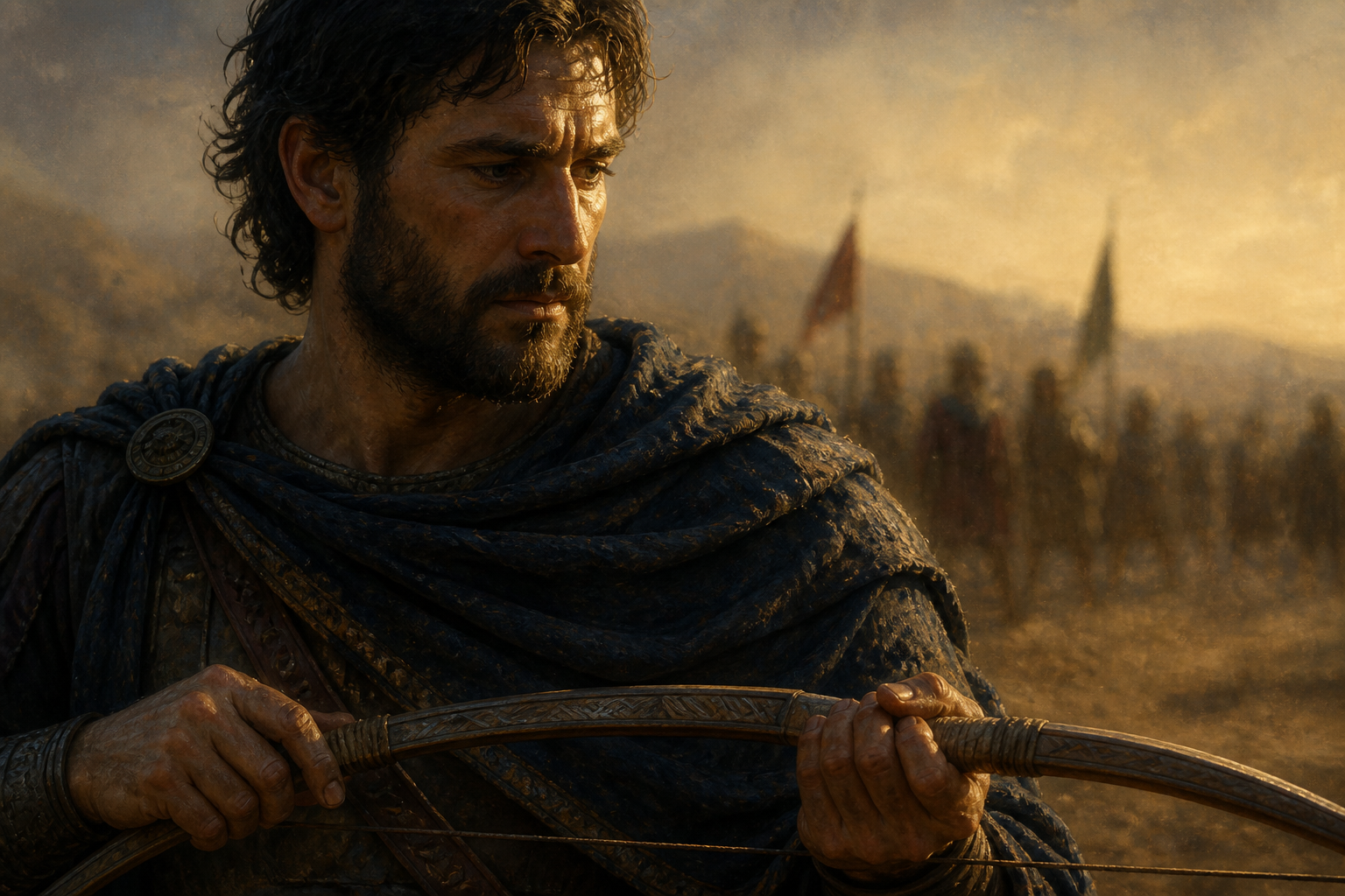 A warrior holds a lowered bow as distant soldiers and spectators blur behind him, with his face divided between light and shadow.