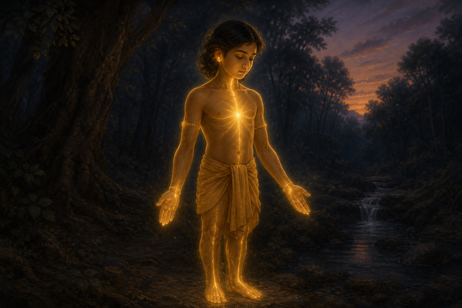 Dhruva stands humbly in a dark forest while one golden light from his heart extends to his throat, ears, skin, hands, feet, and breathing chest.