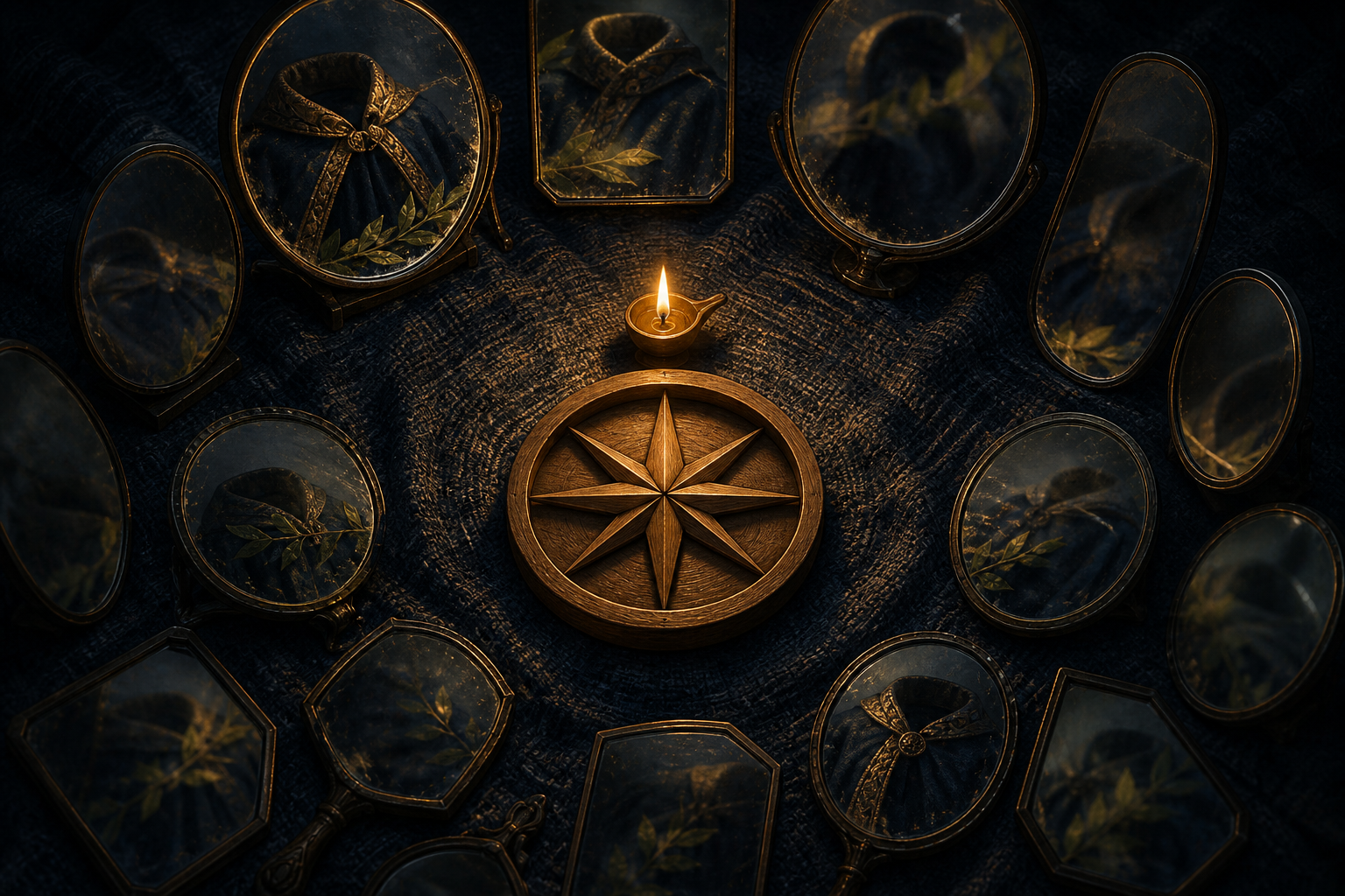A steady oil lamp and an unmarked directional instrument sit among mirrors reflecting a ceremonial cloak and leaves.