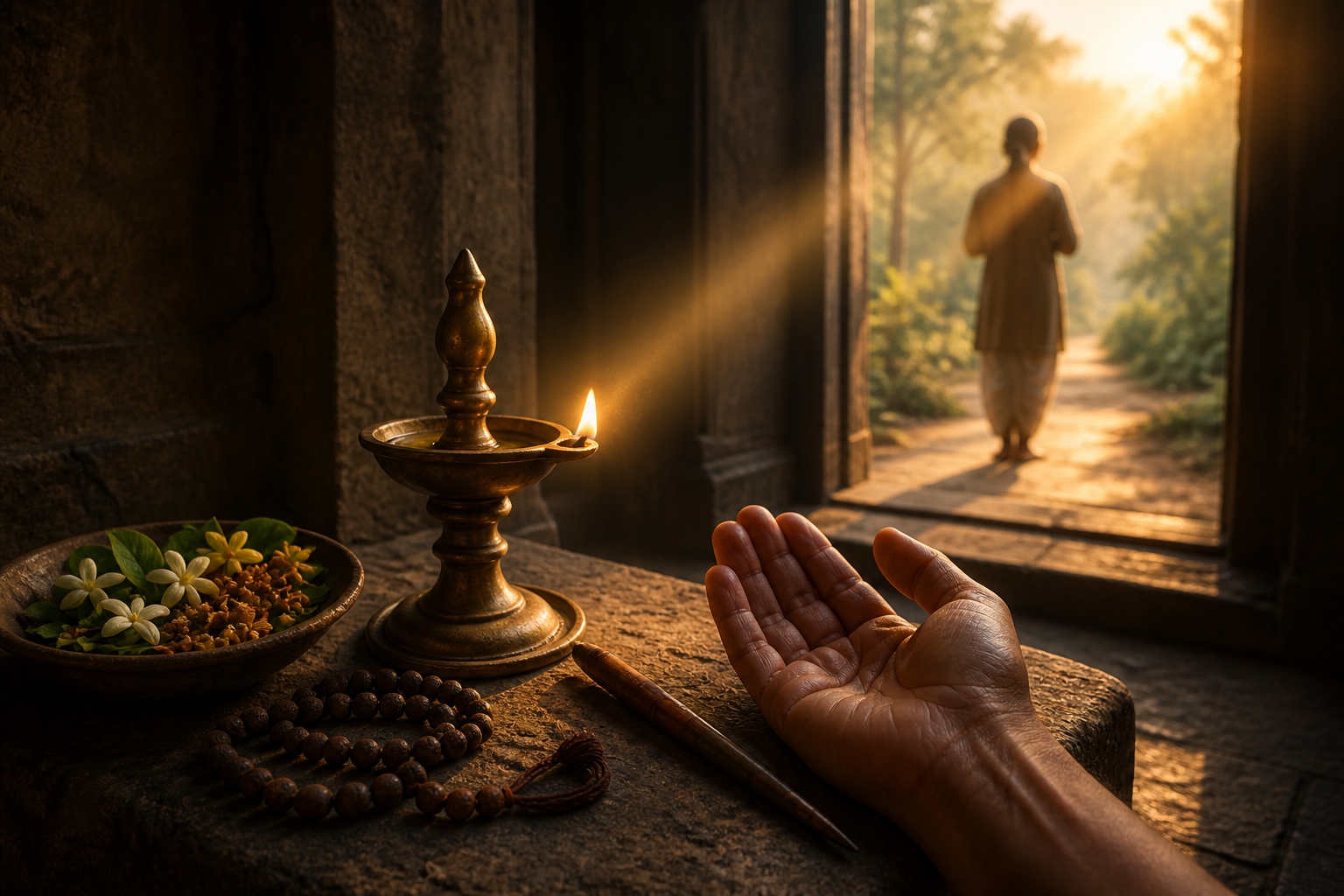 A person pauses with joined hands at a sunlit threshold beside an oil lamp, prayer beads, a writing stylus, and a bowl of flowers.