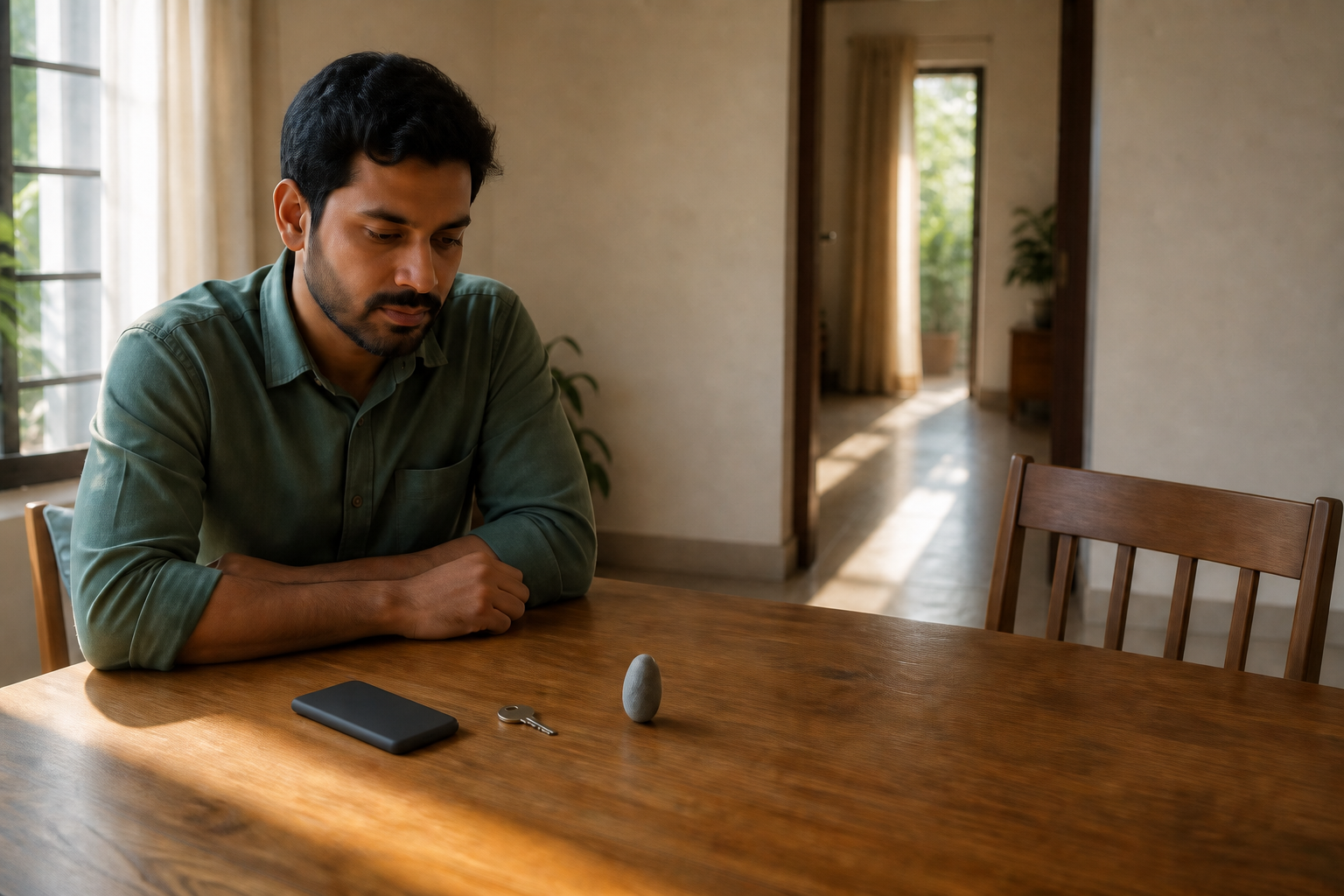 A person reflects at a wooden table beside a face-down phone, a house key, a balanced stone, and an open doorway.