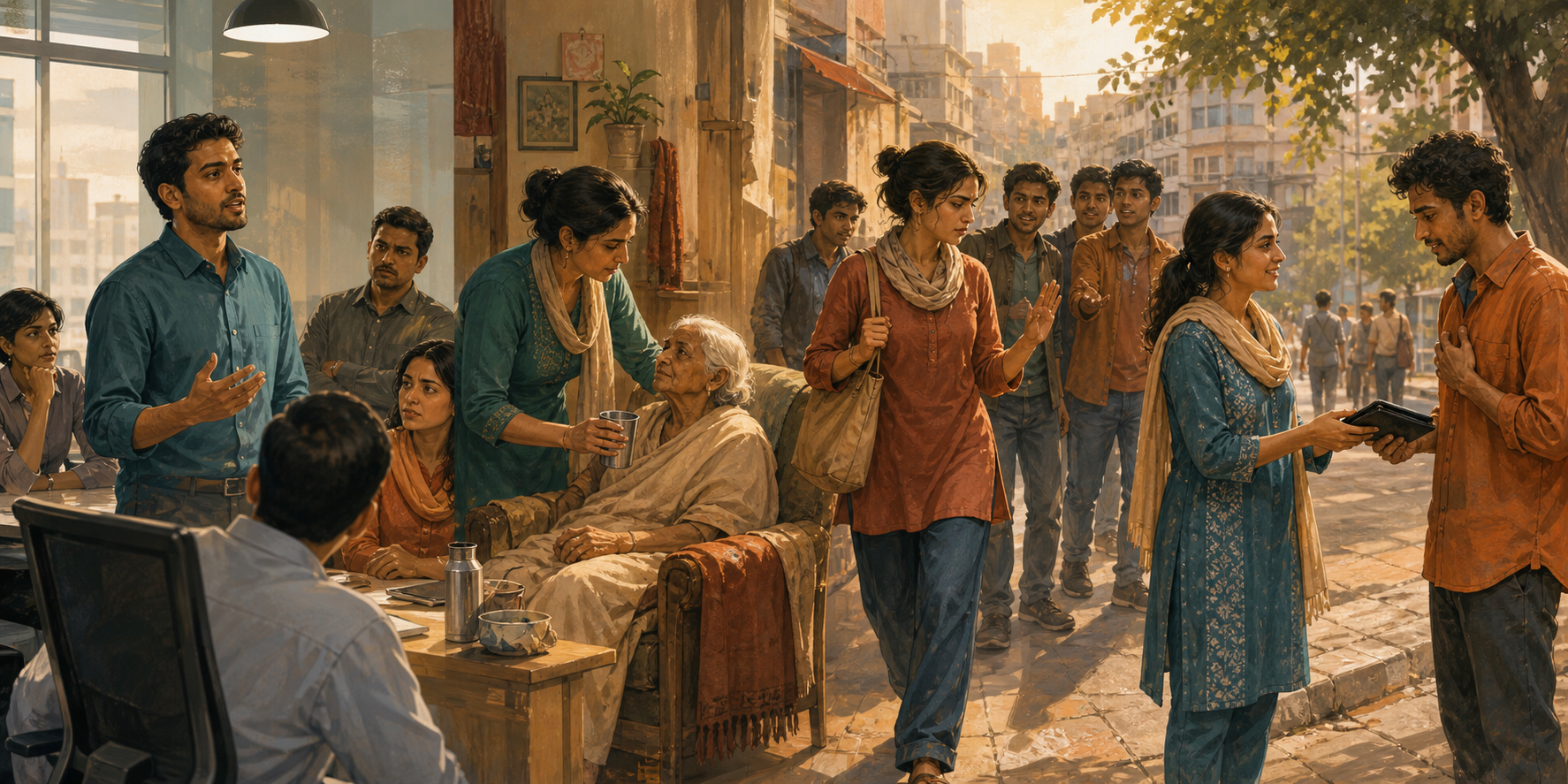 Four connected scenes show people speaking honestly at work, caring for an elder, leaving a hostile crowd, and returning a lost wallet.