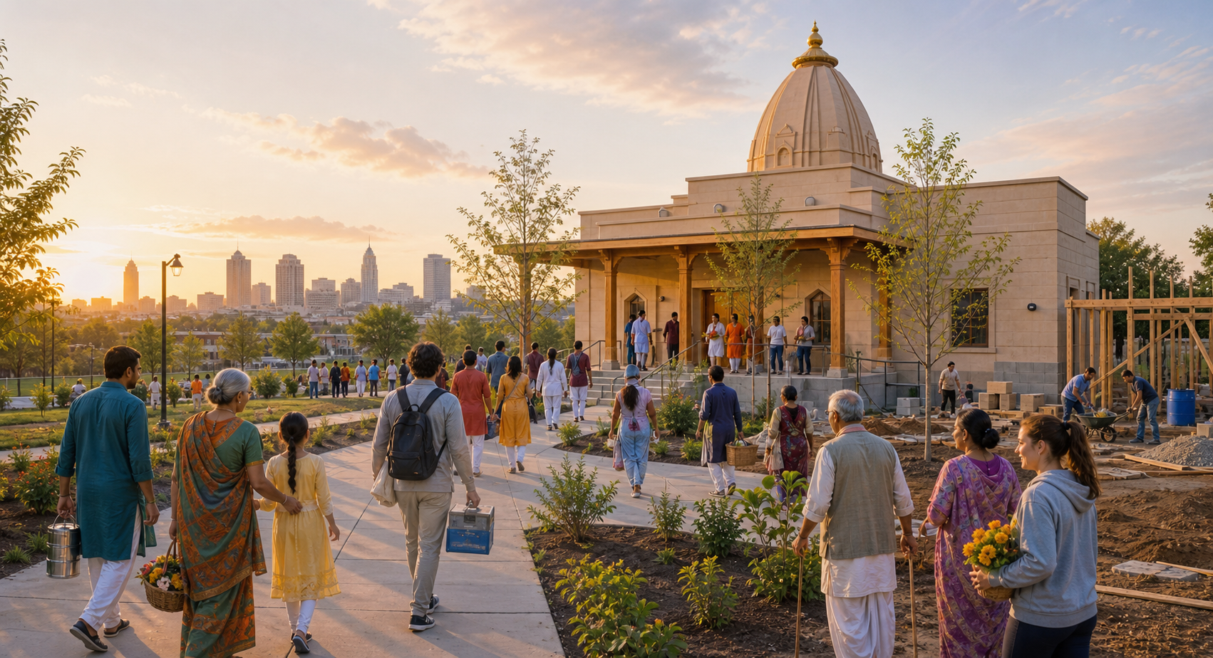 Conceptual illustration of a diverse devotional community gathering outside a developing Hindu temple in Columbus at sunrise.