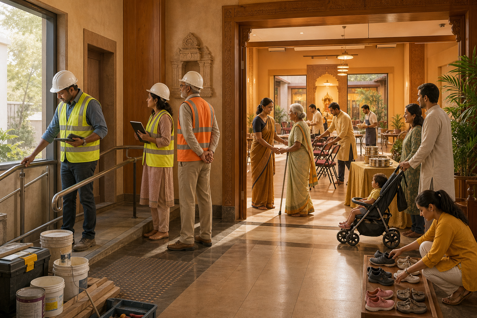 Workers inspect an unfinished temple interior while volunteers prepare an accessible community gathering space nearby.