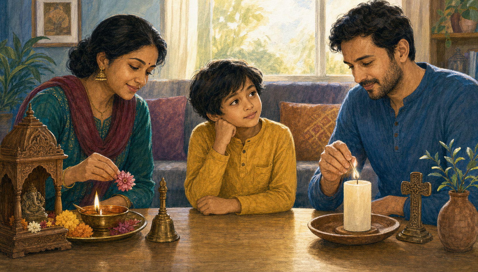 A child watches as each parent demonstrates a separate family faith practice at a low table.