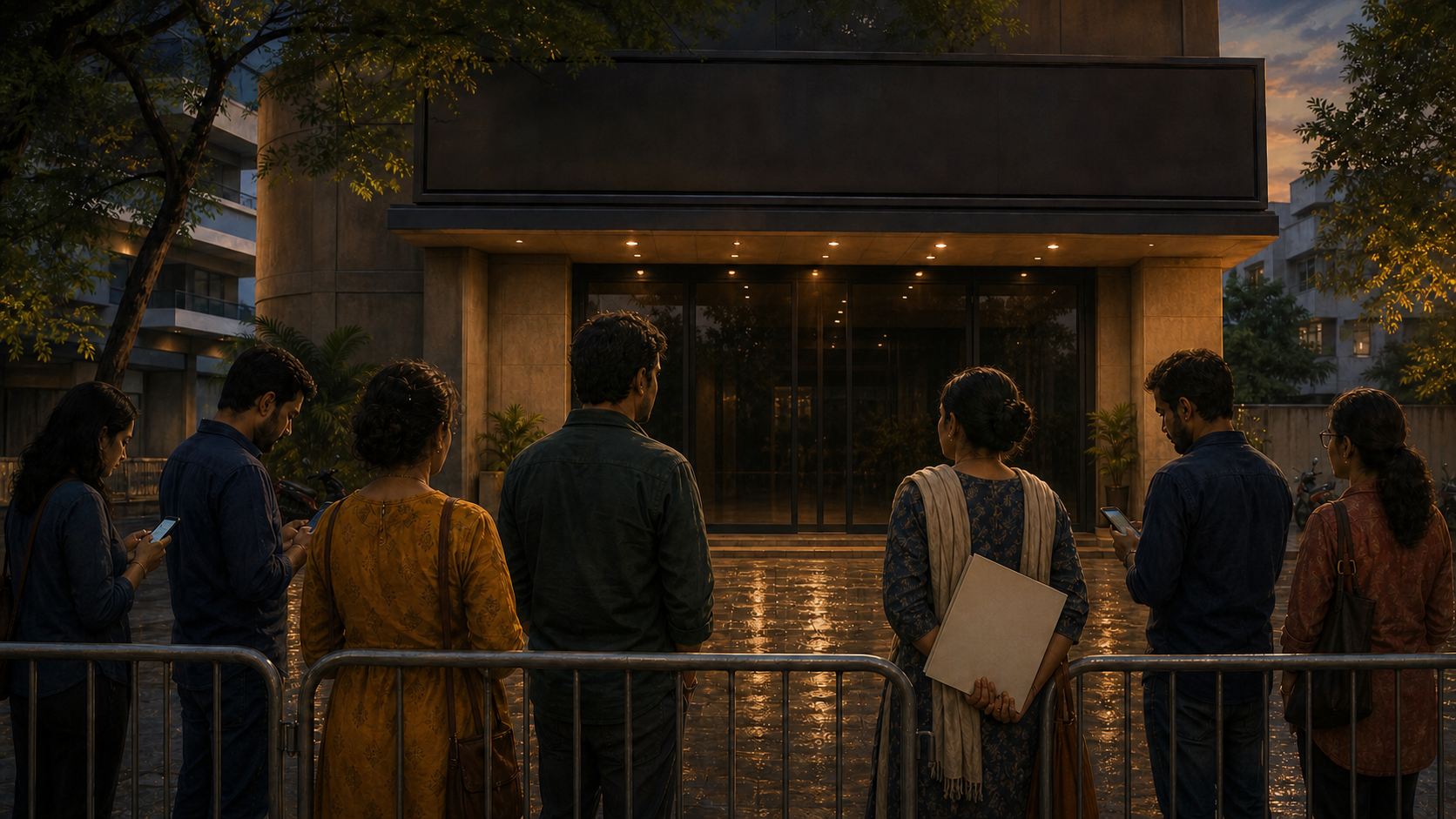 People outside an urban Bengaluru performance venue check their phones and hold a document folder while the status of the entrance remains unclear.