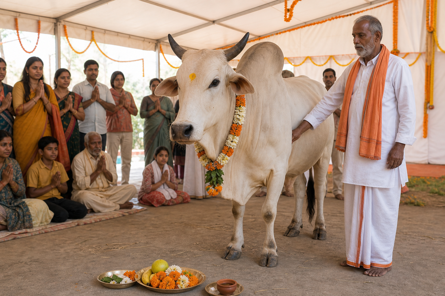 A calm garlanded zebu cow stands beside a caretaker as devotees observe Gau Puja from a respectful distance in a shaded festival pavilion.