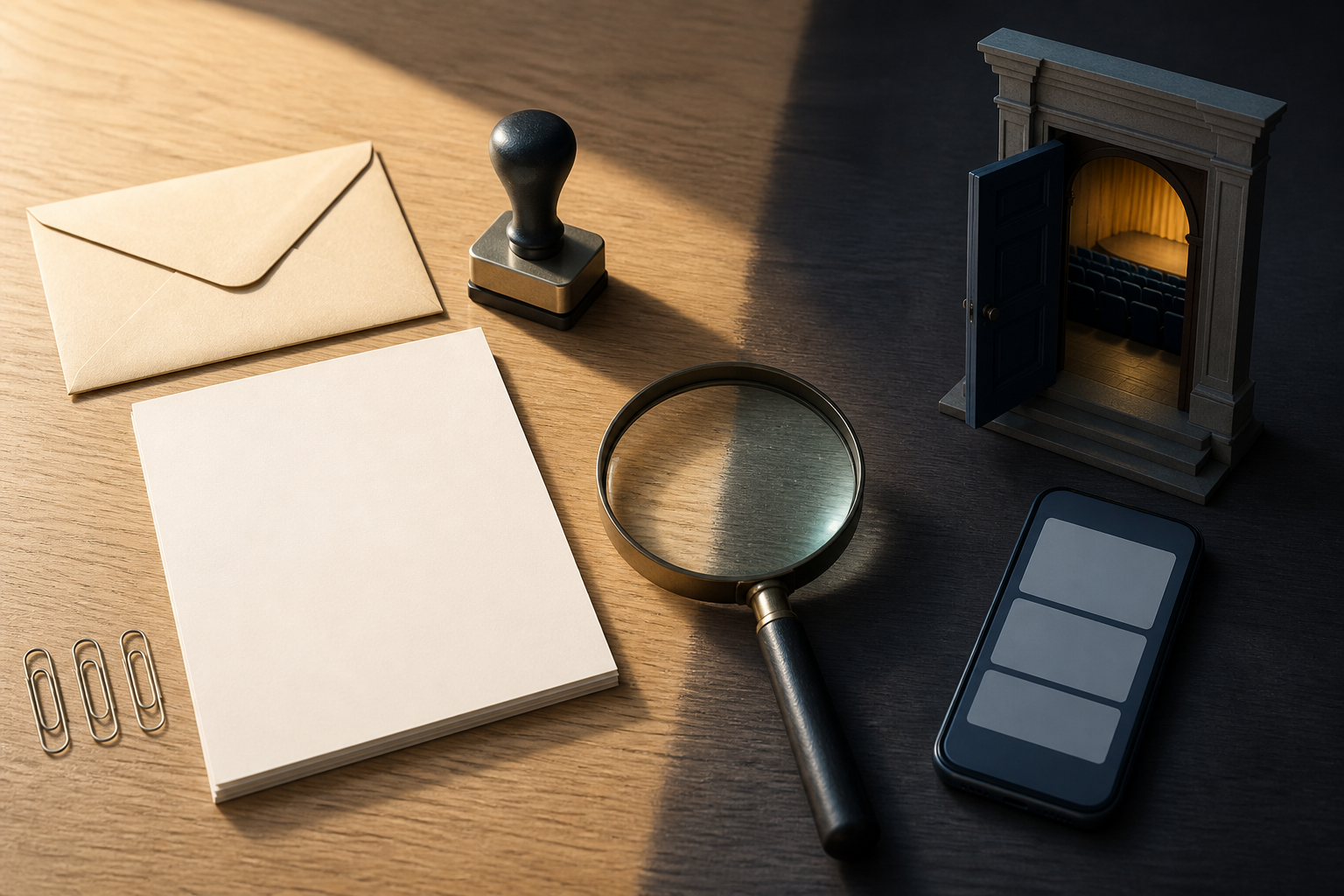 A magnifying glass separates organized documents from a phone and a half-open model theater door on an investigative desk.