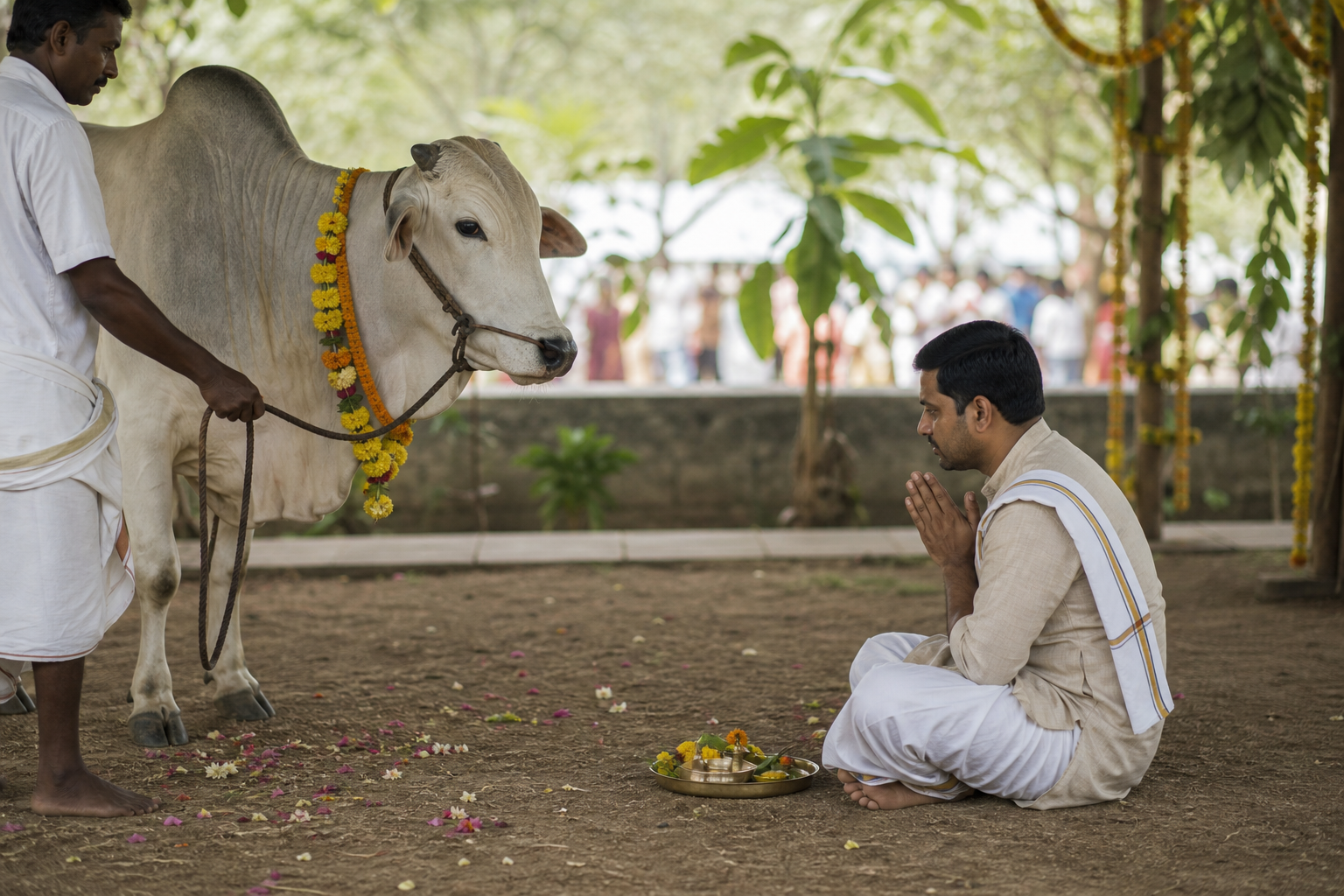 A seated devotee offers folded-hand respect to a calm zebu cow while a caretaker stands nearby and the festival crowd remains in the background.