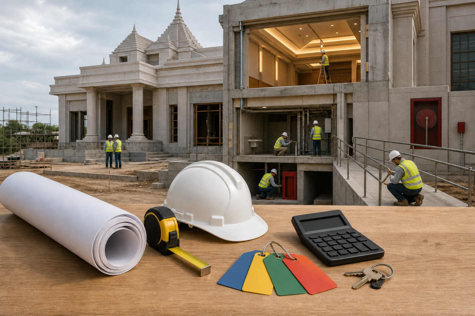 Construction tools and blank plans sit before a temple site where workers inspect utilities, access features, and interior finishes.