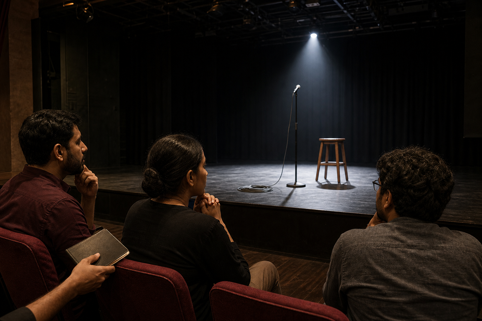 Three attentive observers examine an empty theater stage with a microphone, stool, and spotlight.