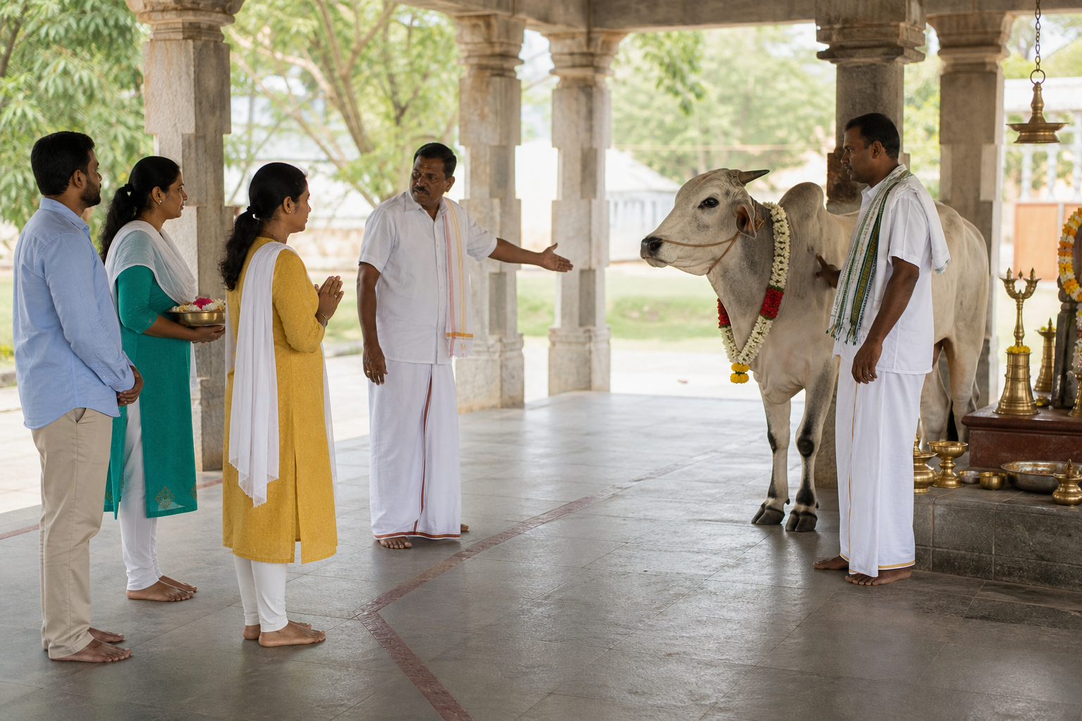 A temple volunteer guides waiting visitors while the cow's caretaker watches a calm garlanded zebu cow during Gau Puja.