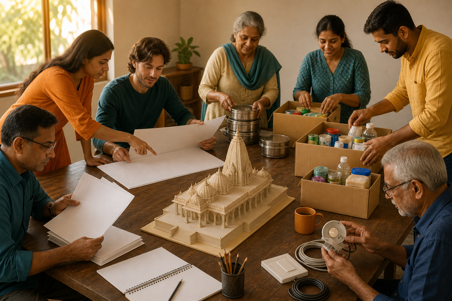 Volunteers contribute budgeting, design, electrical, food-service, and supply-organizing skills around a model of a temple.