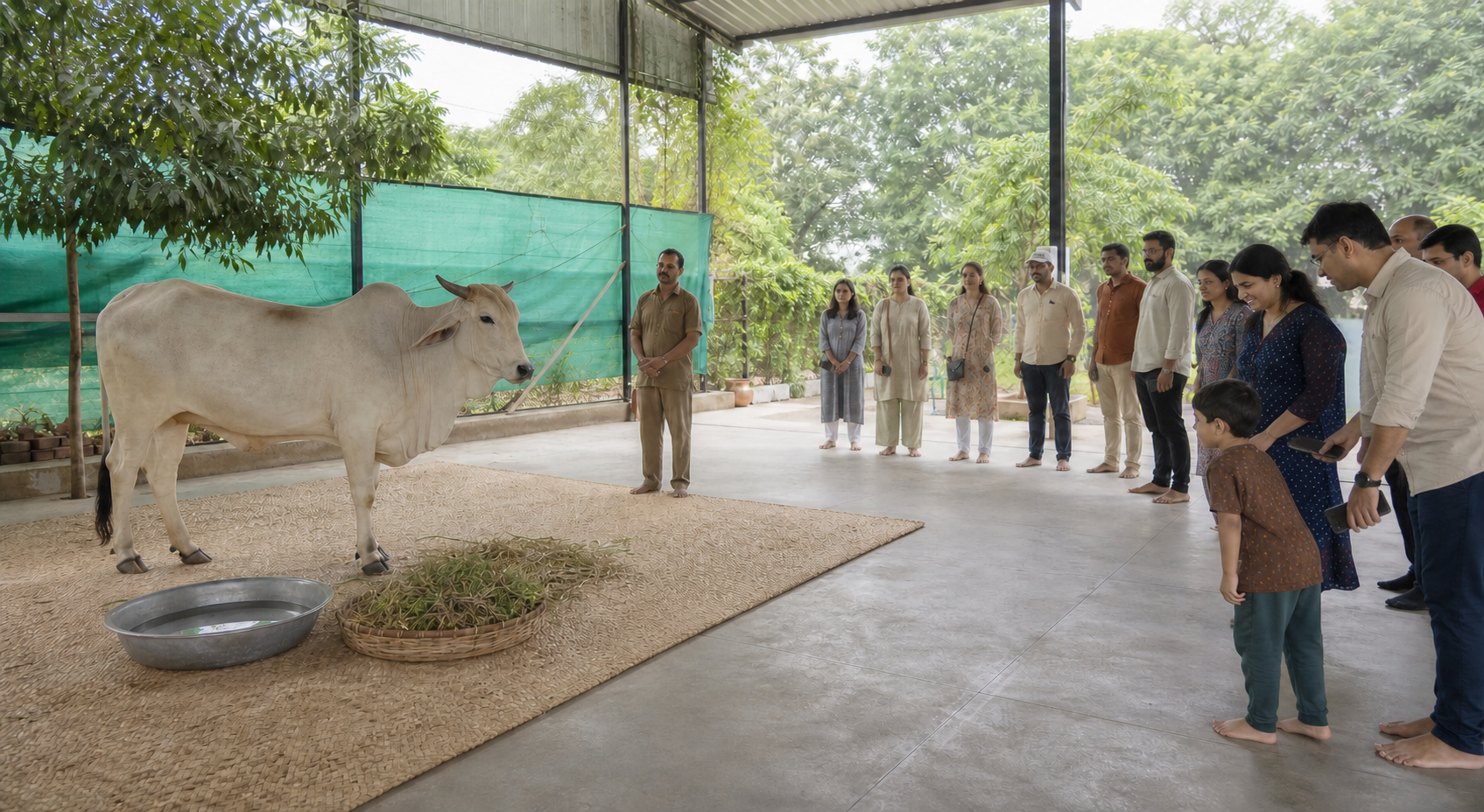 A caretaker monitors a relaxed zebu cow in a shaded, spacious area while volunteers and families maintain a wide, orderly distance.
