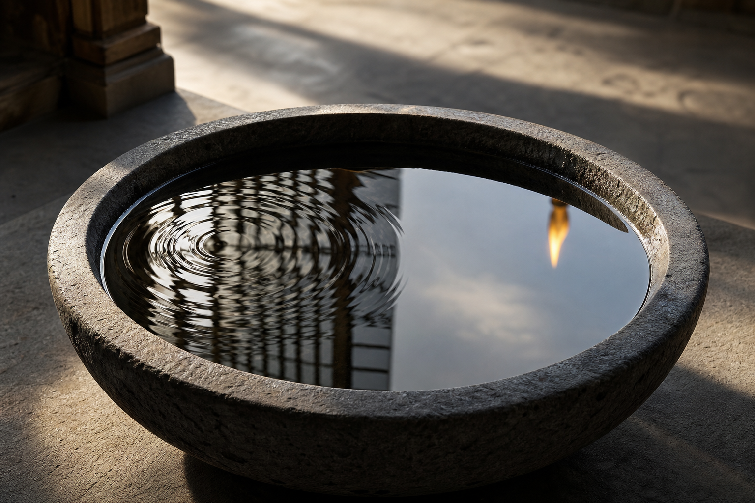 A stone bowl holds water with fading ripples on one side and a clear reflection of a small flame on the other.