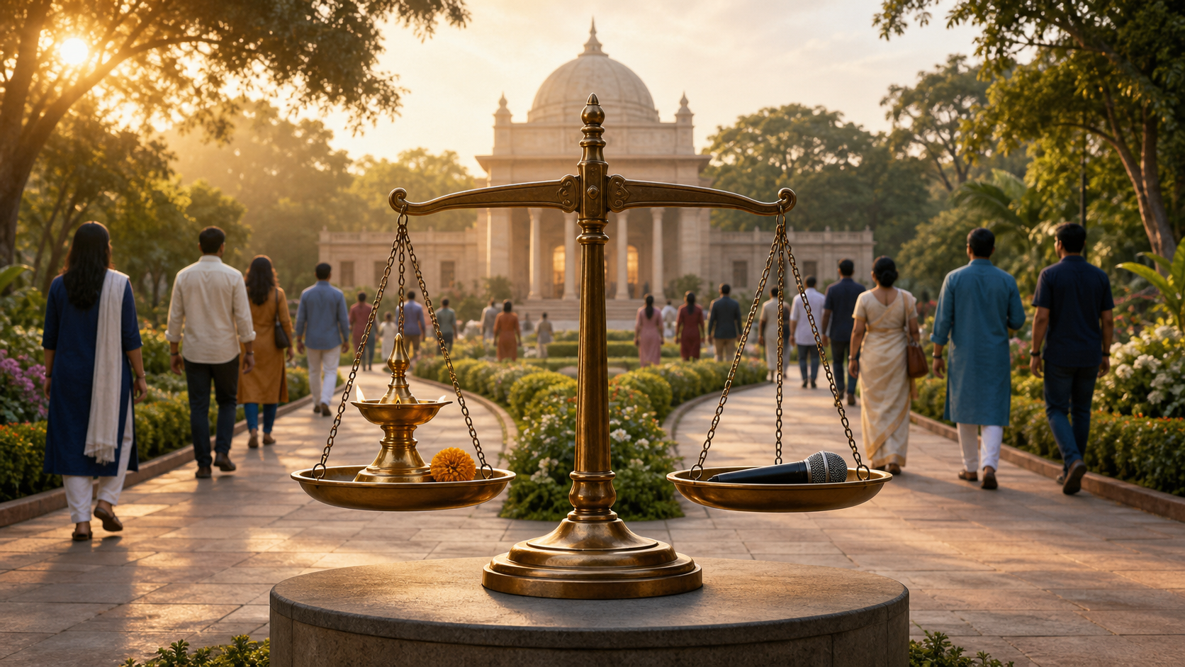 A balanced scale holds a brass oil lamp and marigold on one side and a theater microphone on the other in a peaceful civic garden.