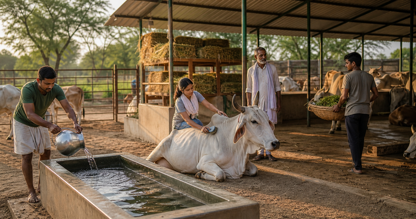 Volunteers refill water, groom a zebu cow, and carry fodder at a clean, shaded community cow shelter.