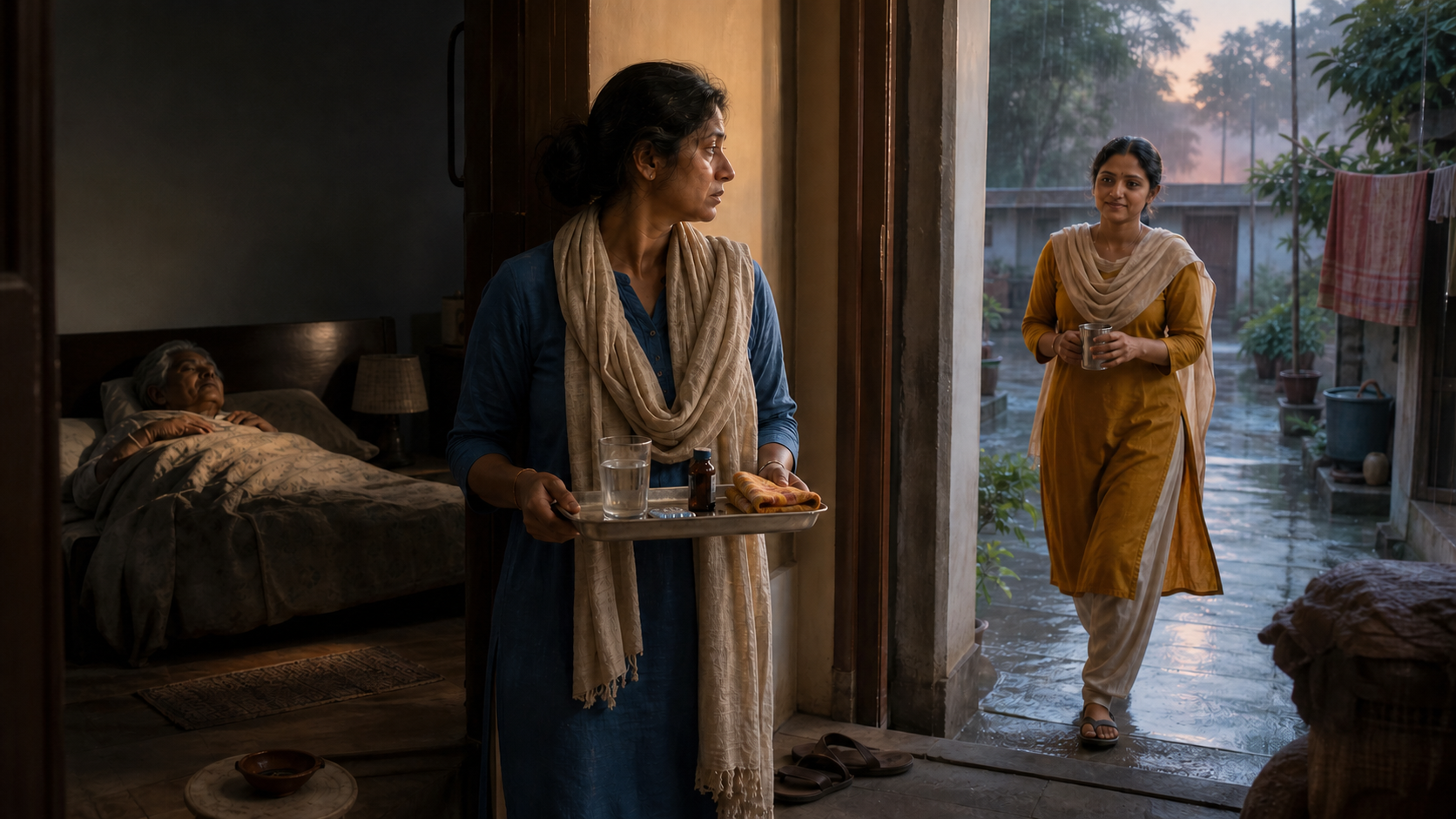 An exhausted caregiver pauses with a tray at an elderly relative's bedroom while another family member approaches to help.