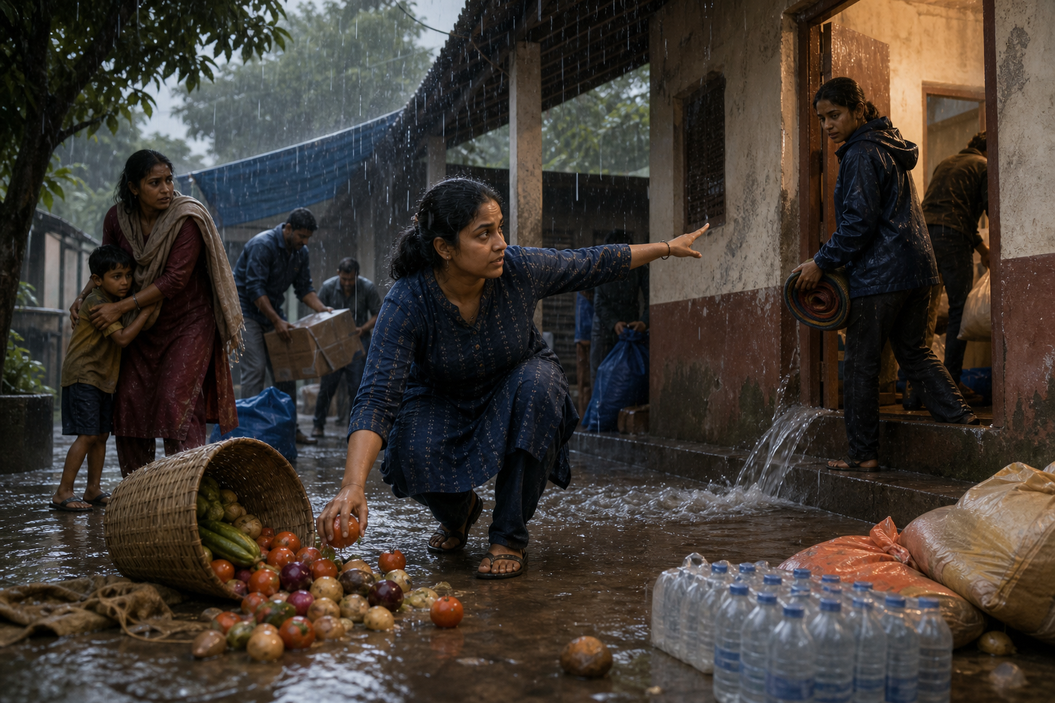 A volunteer calmly assesses several problems in a rain-soaked community courtyard before moving food out of the water.
