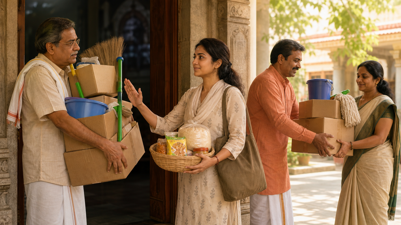 A tired temple volunteer accepts one food basket while calmly declining an excessive load that other volunteers begin to share.