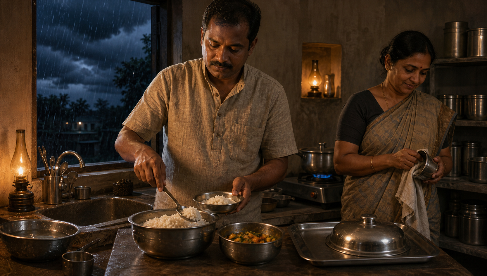 Two people calmly prepare and portion a simple meal in a clean community kitchen during a rainy power outage.